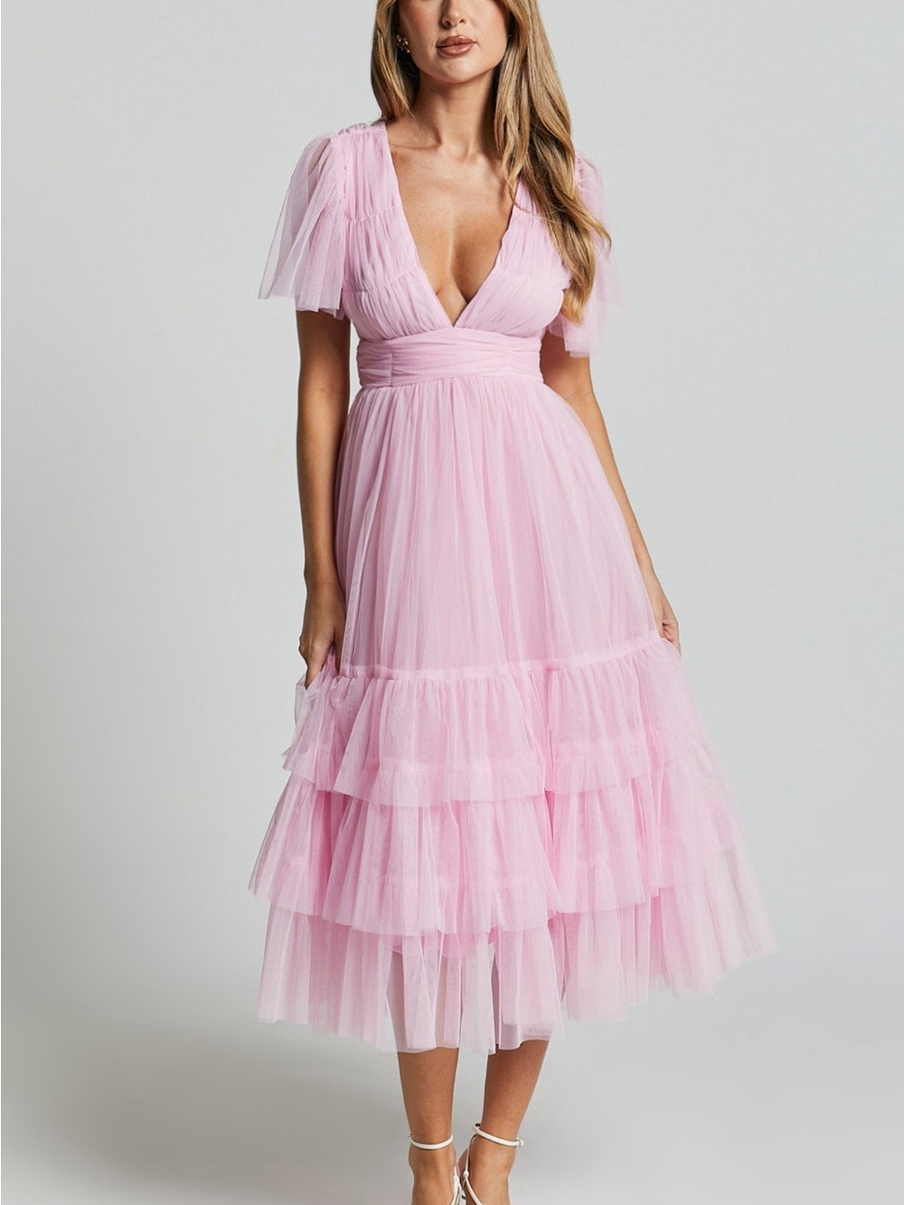 Showpo Pink Tiered Tulle Midi Dress